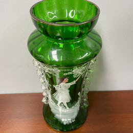 Antique Victorian Mary Gregory Green Tall Vase Hand Painted