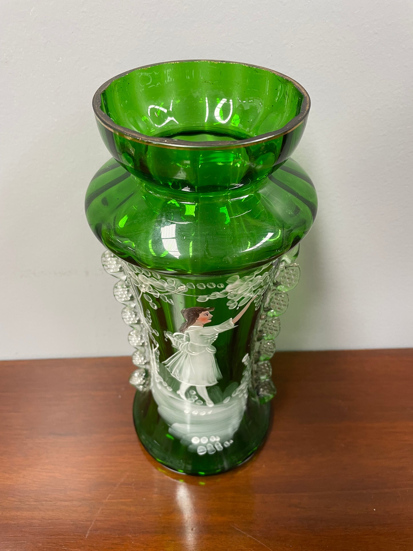 Antique Victorian Mary Gregory Green Tall Vase Hand Painted