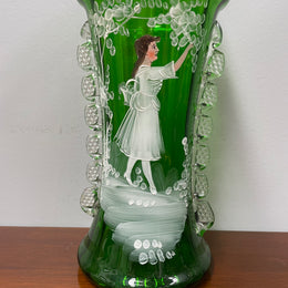 Antique Victorian Mary Gregory Green Tall Vase Hand Painted
