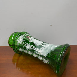Antique Victorian Mary Gregory Green Tall Vase Hand Painted