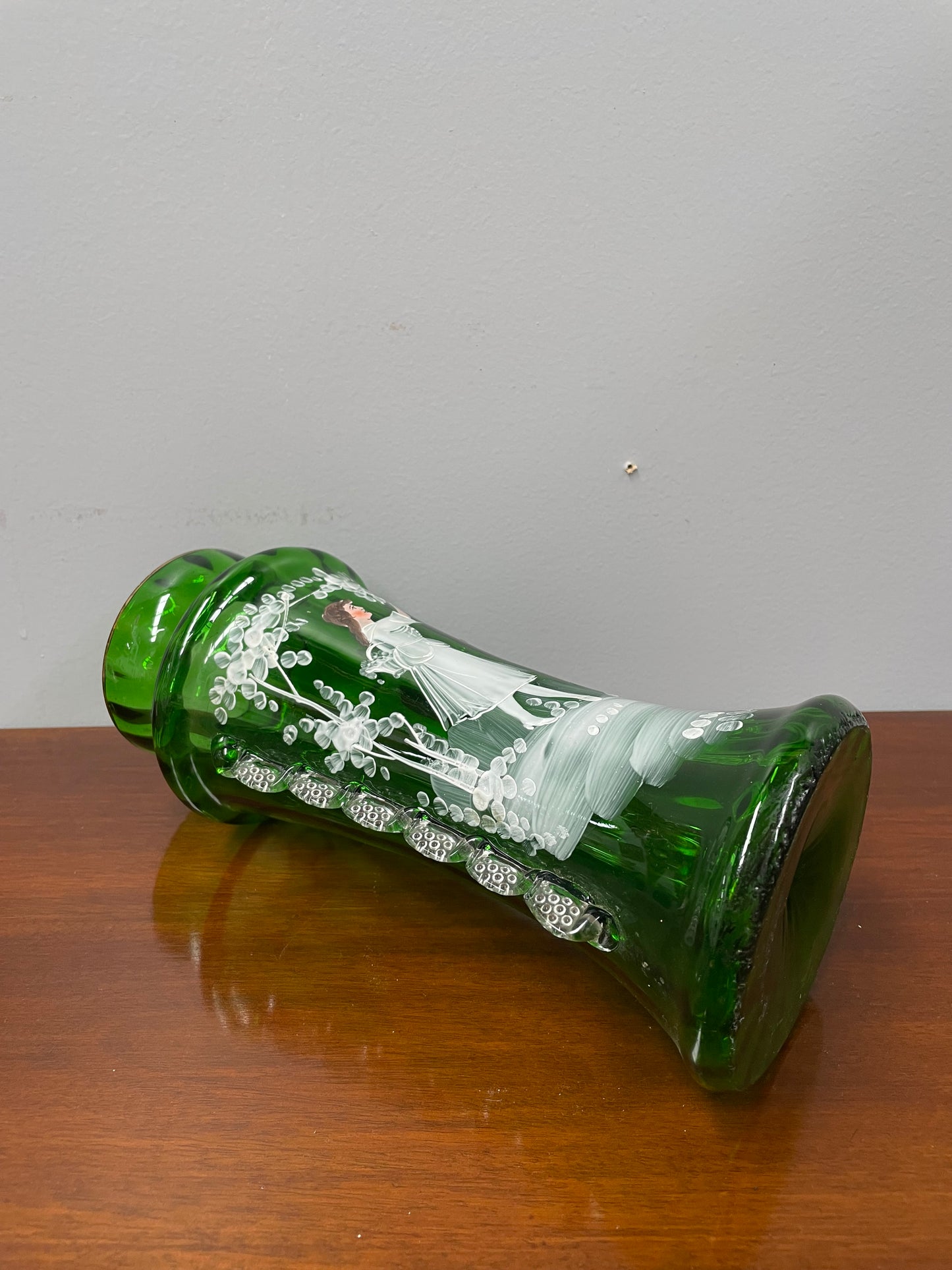 Antique Victorian Mary Gregory Green Tall Vase Hand Painted