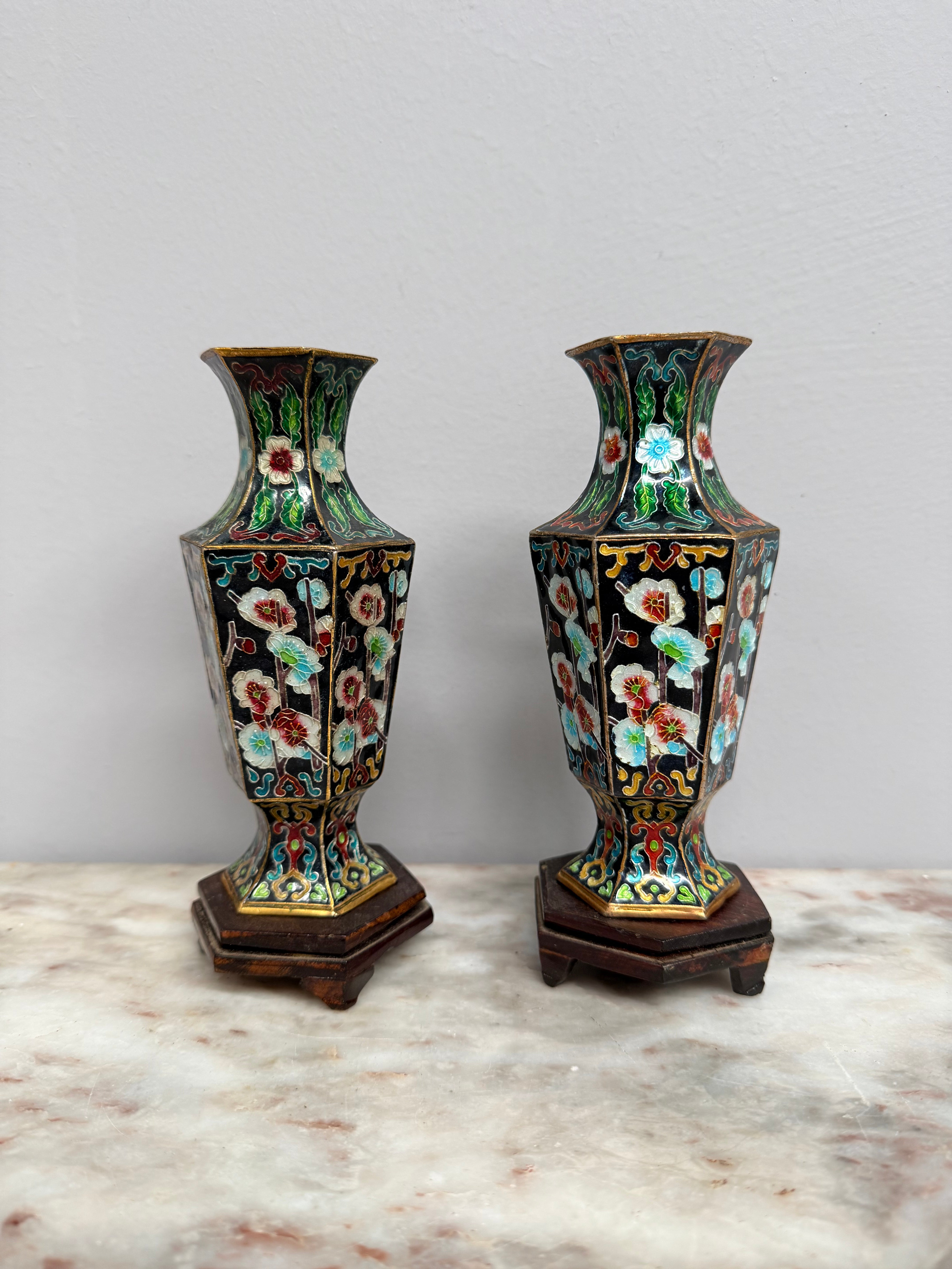 Pair of Enamel Decorated Cloisonne Vases on Stands | Antique & Vintage | Moonee Ponds Antiques | Australia Wide Delivery