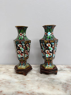Pair of Enamel Decorated Cloisonne Vases on Stands | Antique & Vintage | Moonee Ponds Antiques | Australia Wide Delivery