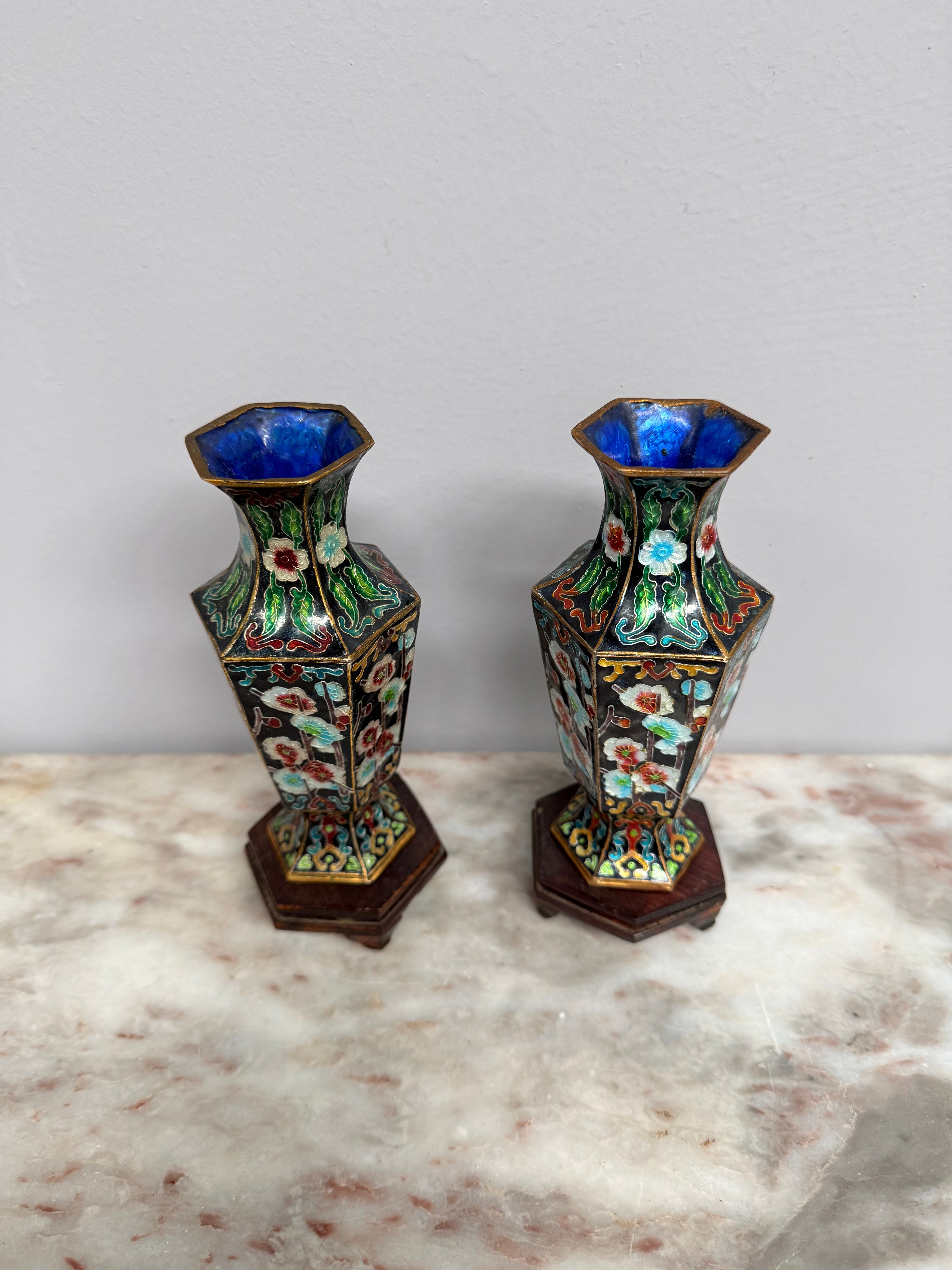 Pair of Enamel Decorated Cloisonne Vases on Stands | Antique & Vintage | Moonee Ponds Antiques | Australia Wide Delivery