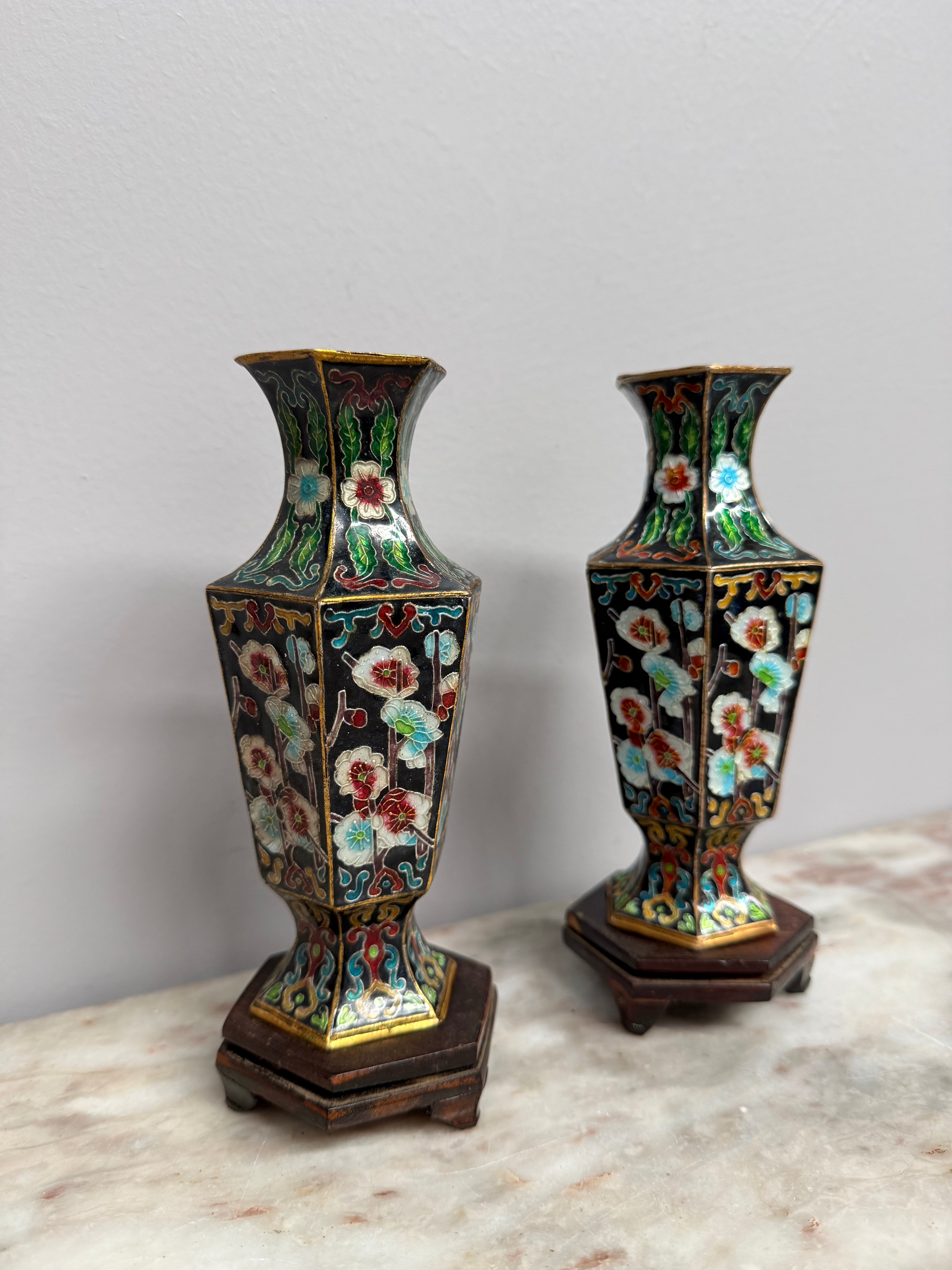 Pair of Enamel Decorated Cloisonne Vases on Stands | Antique & Vintage | Moonee Ponds Antiques | Australia Wide Delivery