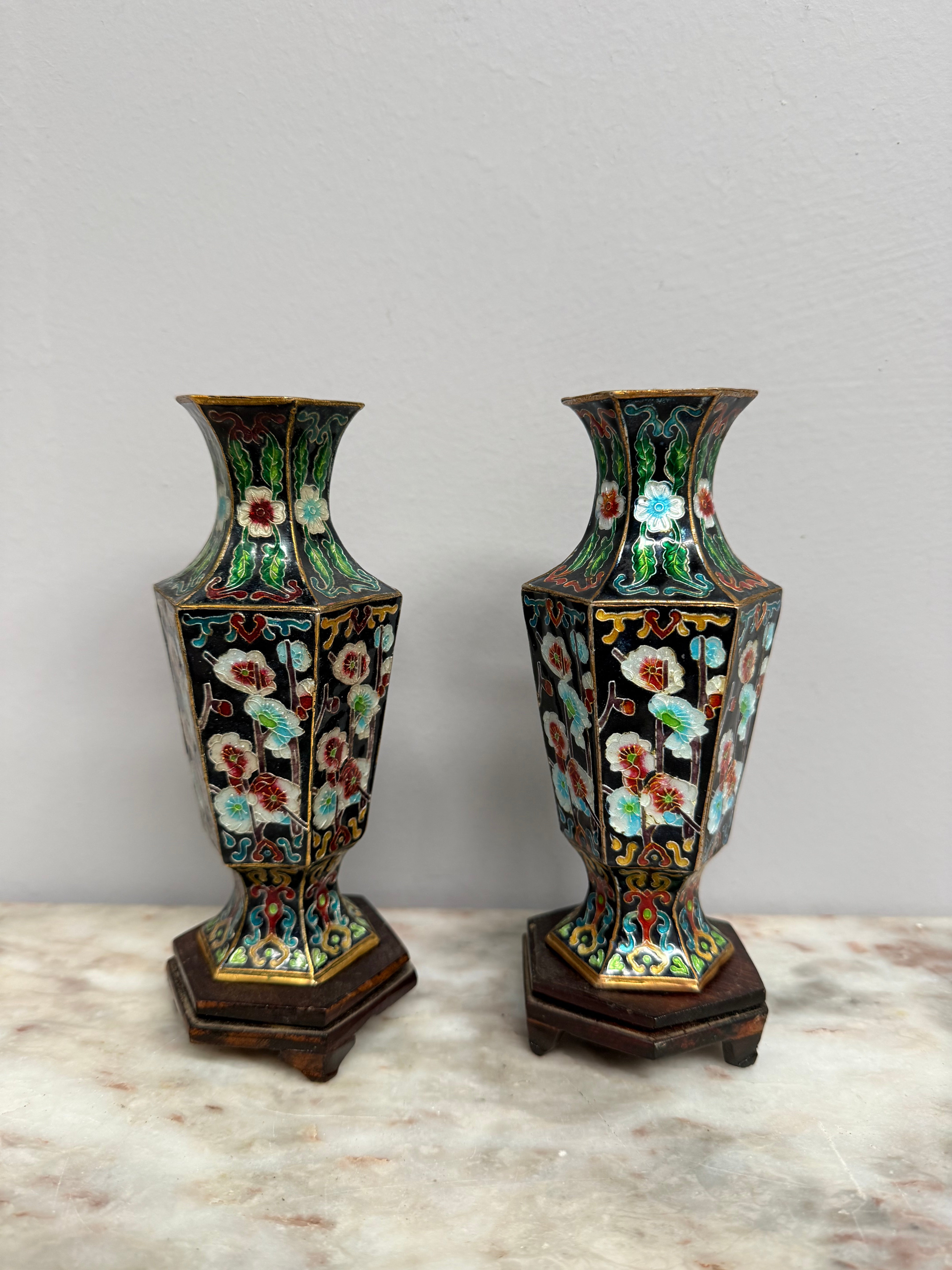 Pair of Enamel Decorated Cloisonne Vases on Stands | Antique & Vintage | Moonee Ponds Antiques | Australia Wide Delivery