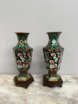 Pair of Enamel Decorated Cloisonne Vases on Stands | Antique & Vintage | Moonee Ponds Antiques | Australia Wide Delivery
