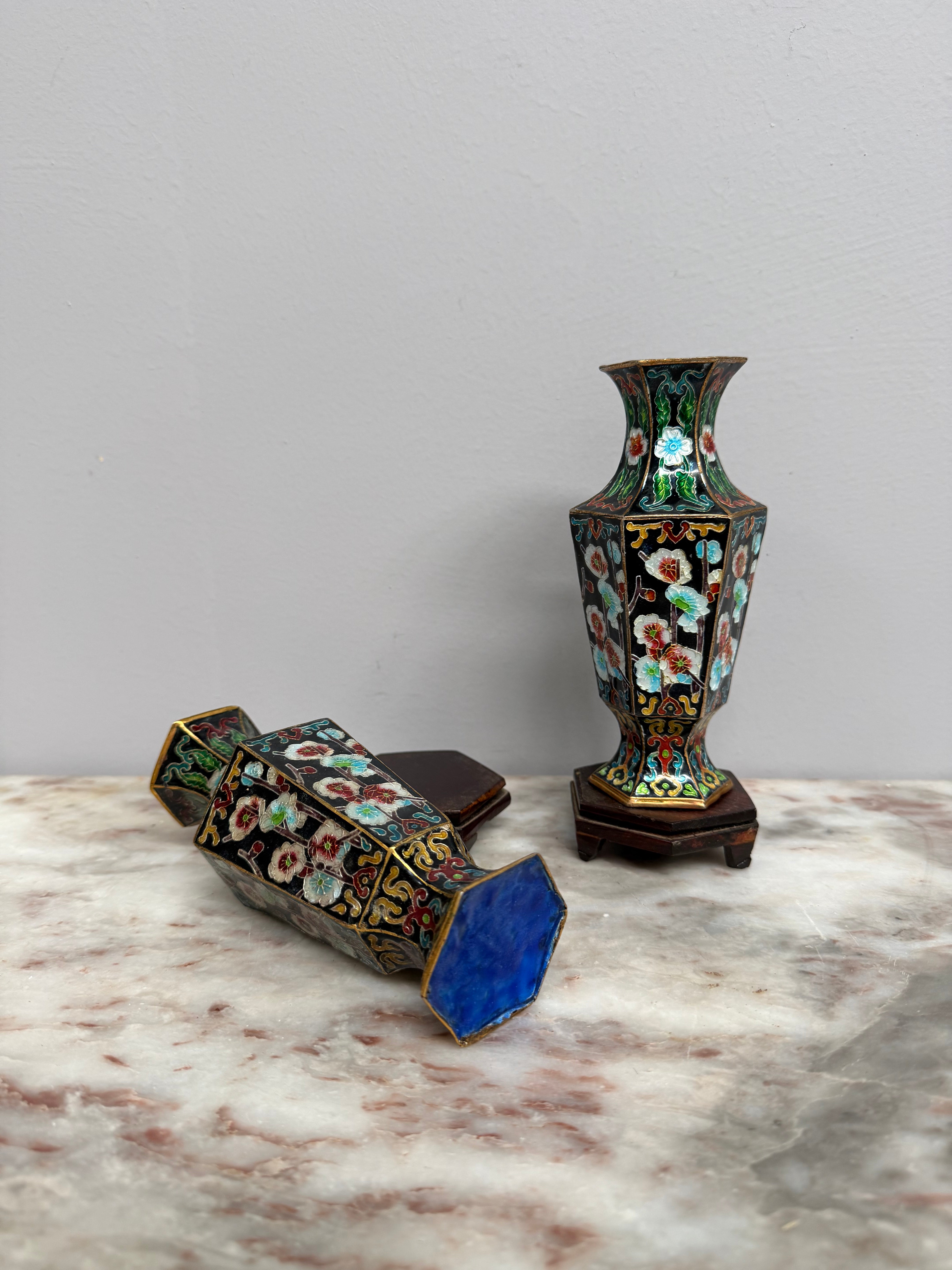 Pair of Enamel Decorated Cloisonne Vases on Stands | Antique & Vintage | Moonee Ponds Antiques | Australia Wide Delivery