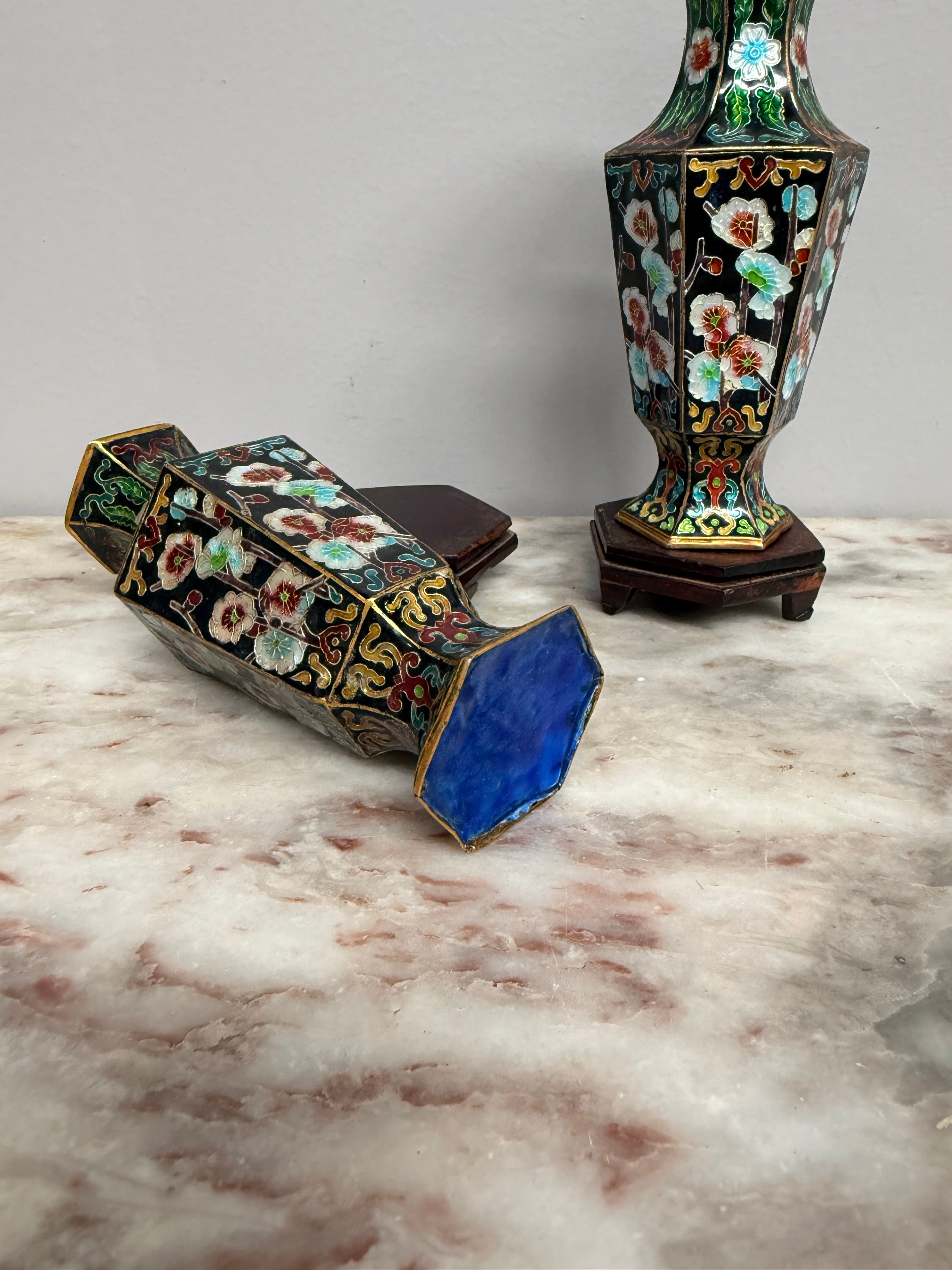 Pair of Enamel Decorated Cloisonne Vases on Stands | Antique & Vintage | Moonee Ponds Antiques | Australia Wide Delivery