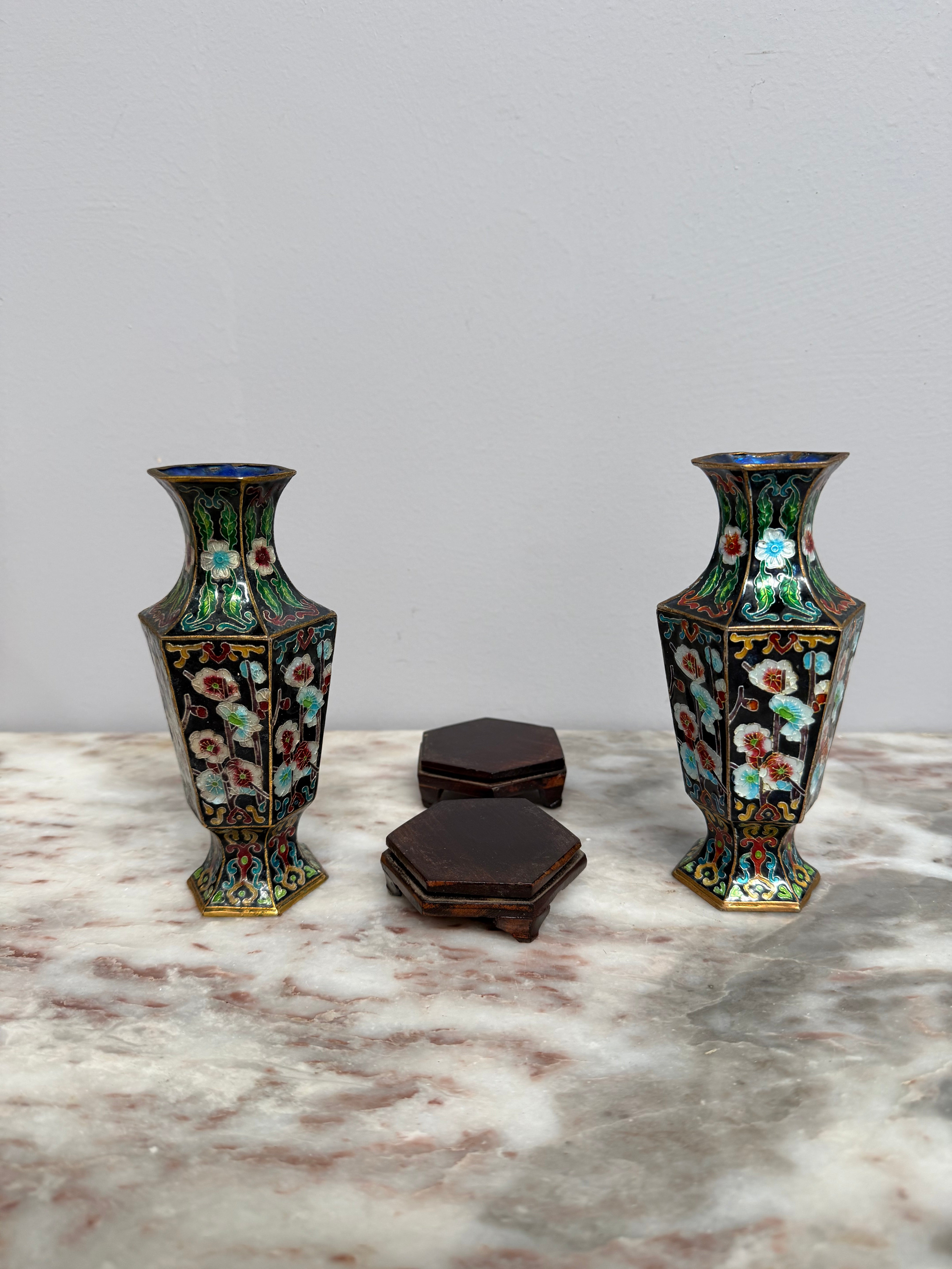 Pair of Enamel Decorated Cloisonne Vases on Stands | Antique & Vintage | Moonee Ponds Antiques | Australia Wide Delivery