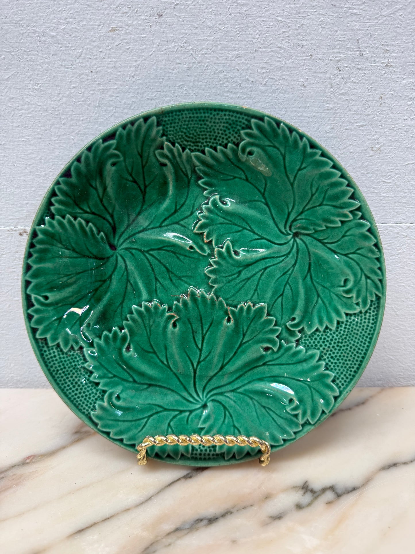 Antique Majolica Green Leaf Dish