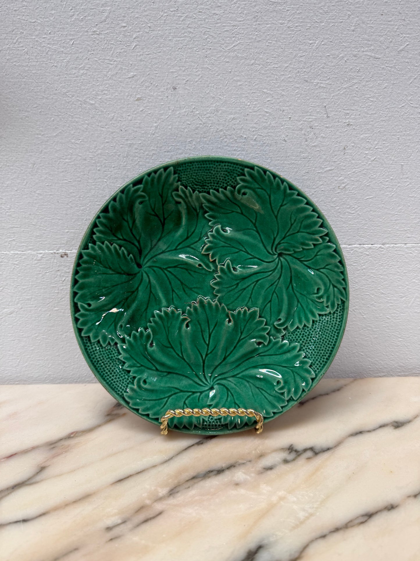 Antique Majolica Green Leaf Dish