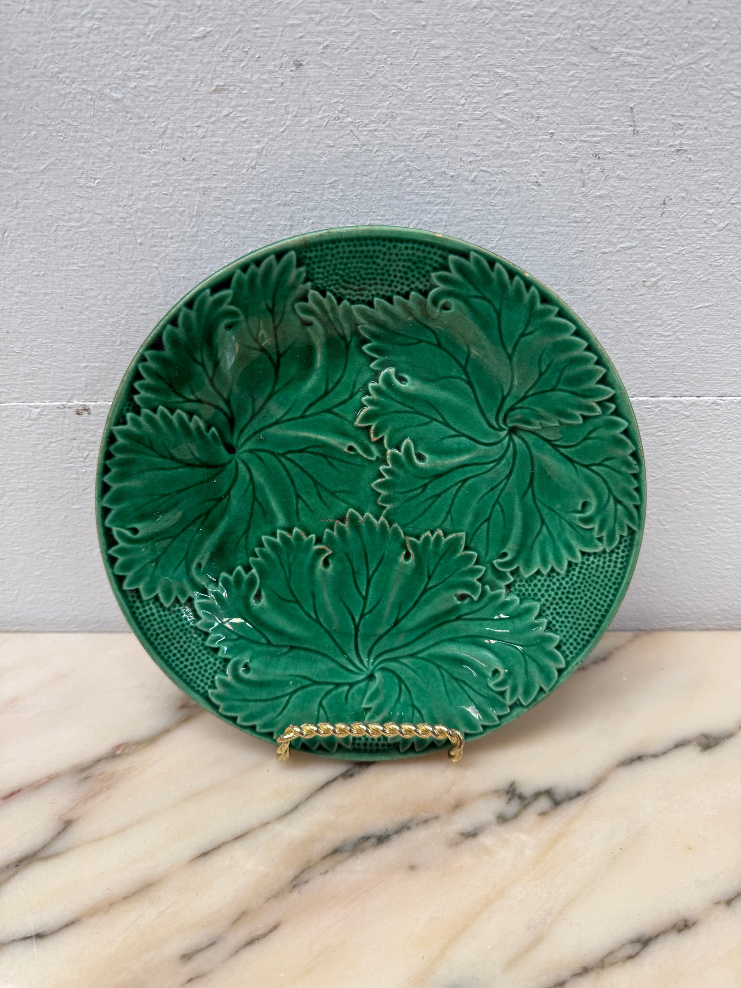 Antique Majolica Green Leaf Dish
