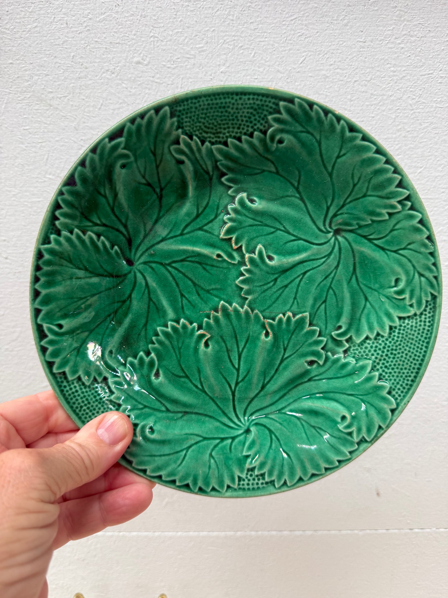 Antique Majolica Green Leaf Dish
