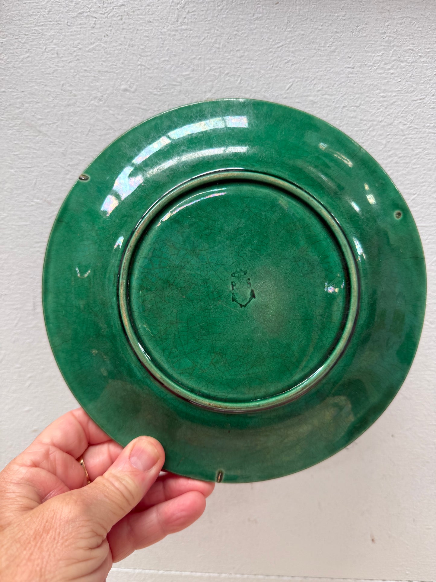 Antique Majolica Green Leaf Dish