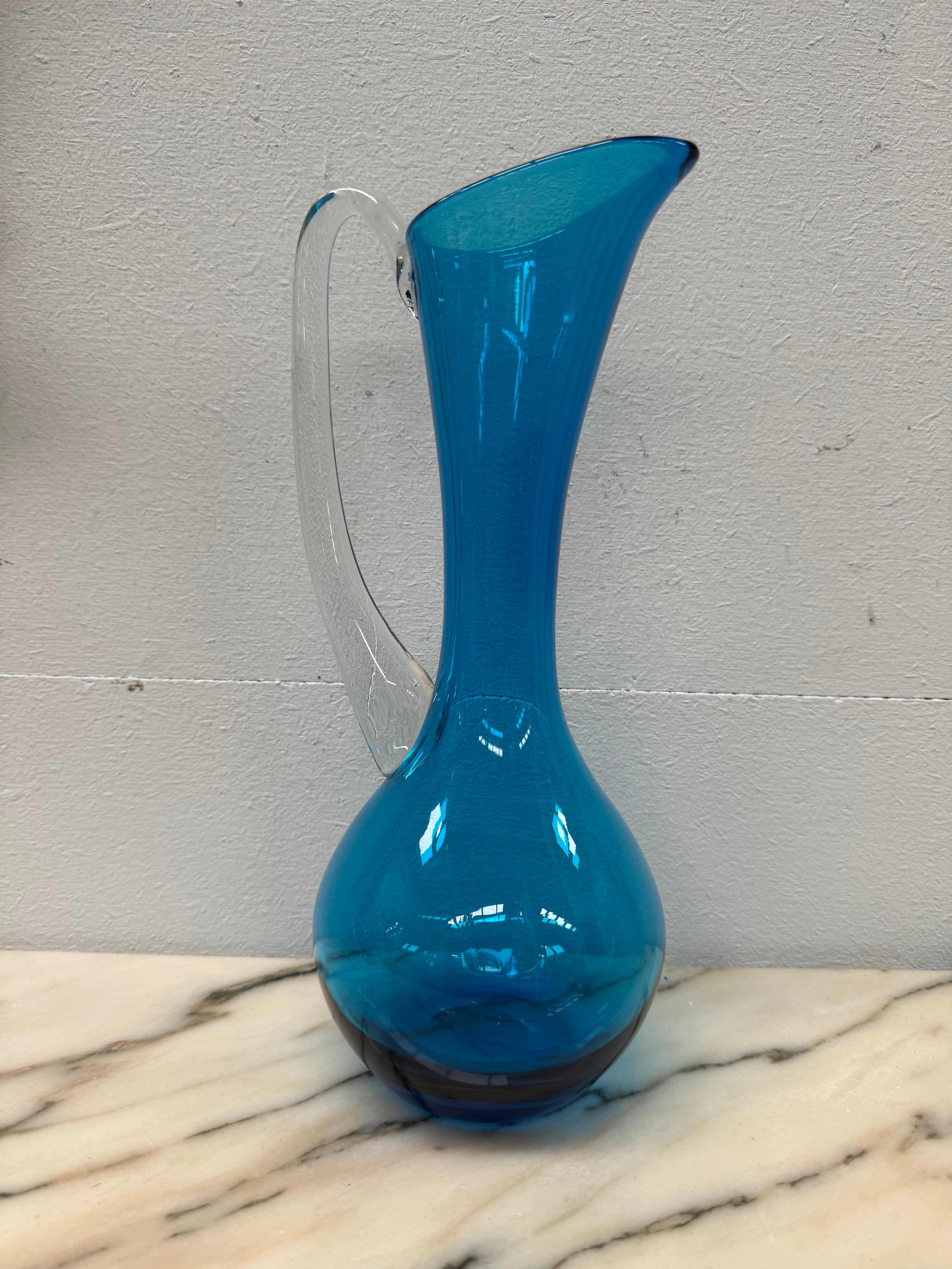 Vintage Italian Mid Century Blue Murano Style Glass Pitcher/Vase