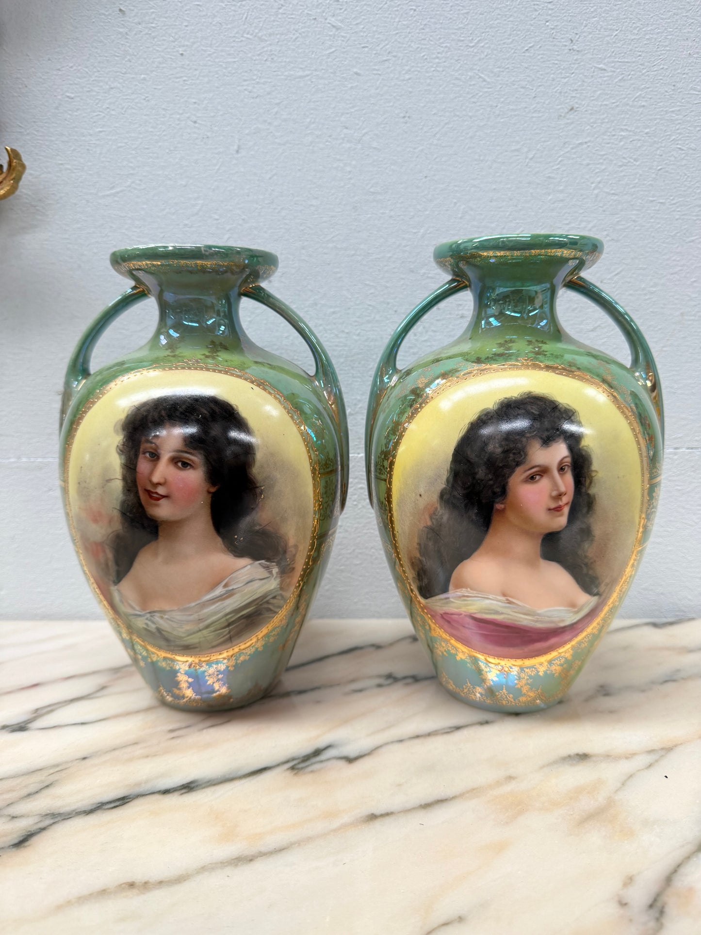 Pair of German Gebruder Heubach Portrait Vases
