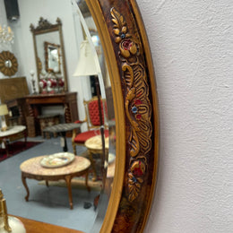 Lovely decorative vintage mirror with a pretty oval frame and bevelled edge mirror. Sourced locally and in good original condition. Please see photos as they form part of the description and condition.