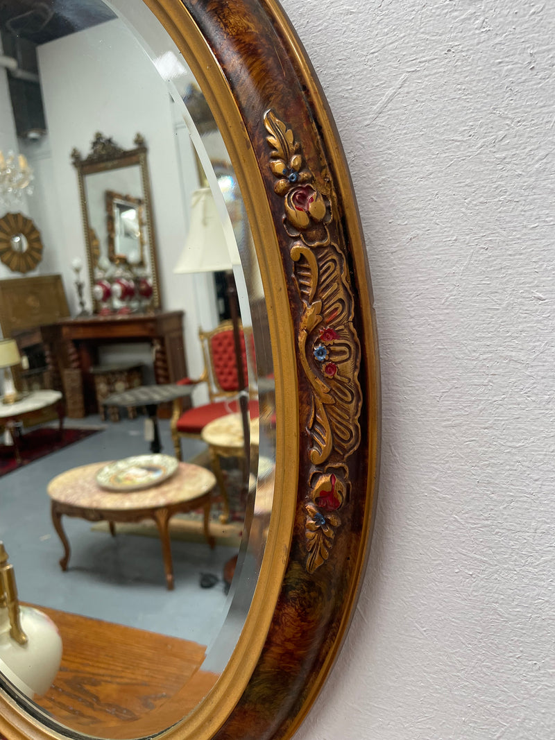 Lovely decorative vintage mirror with a pretty oval frame and bevelled edge mirror. Sourced locally and in good original condition. Please see photos as they form part of the description and condition.