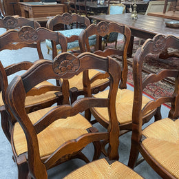 Set of Six French Oak Rush Seat Dining Chairs