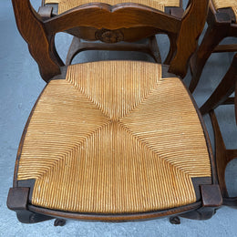 Set of Six French Oak Rush Seat Dining Chairs