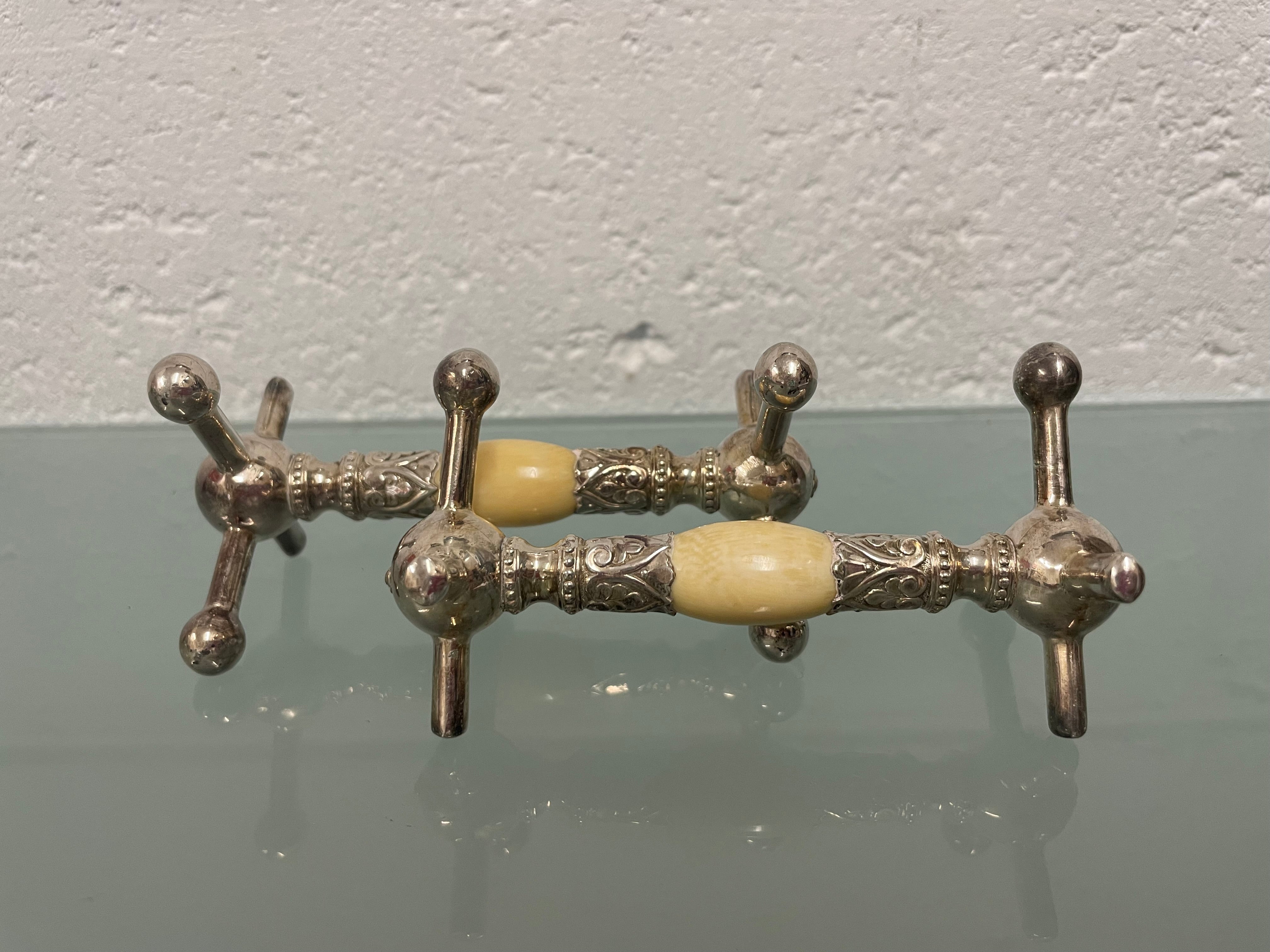 Beautiful Pair of Antique Silver & Ivory Knife Rests
