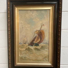 Lovely Antique "Marine Scene" oil on canvas framed in a pretty ornate frame. 