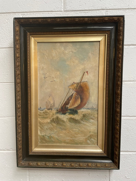 Lovely Antique "Marine Scene" oil on canvas framed in a pretty ornate frame. 