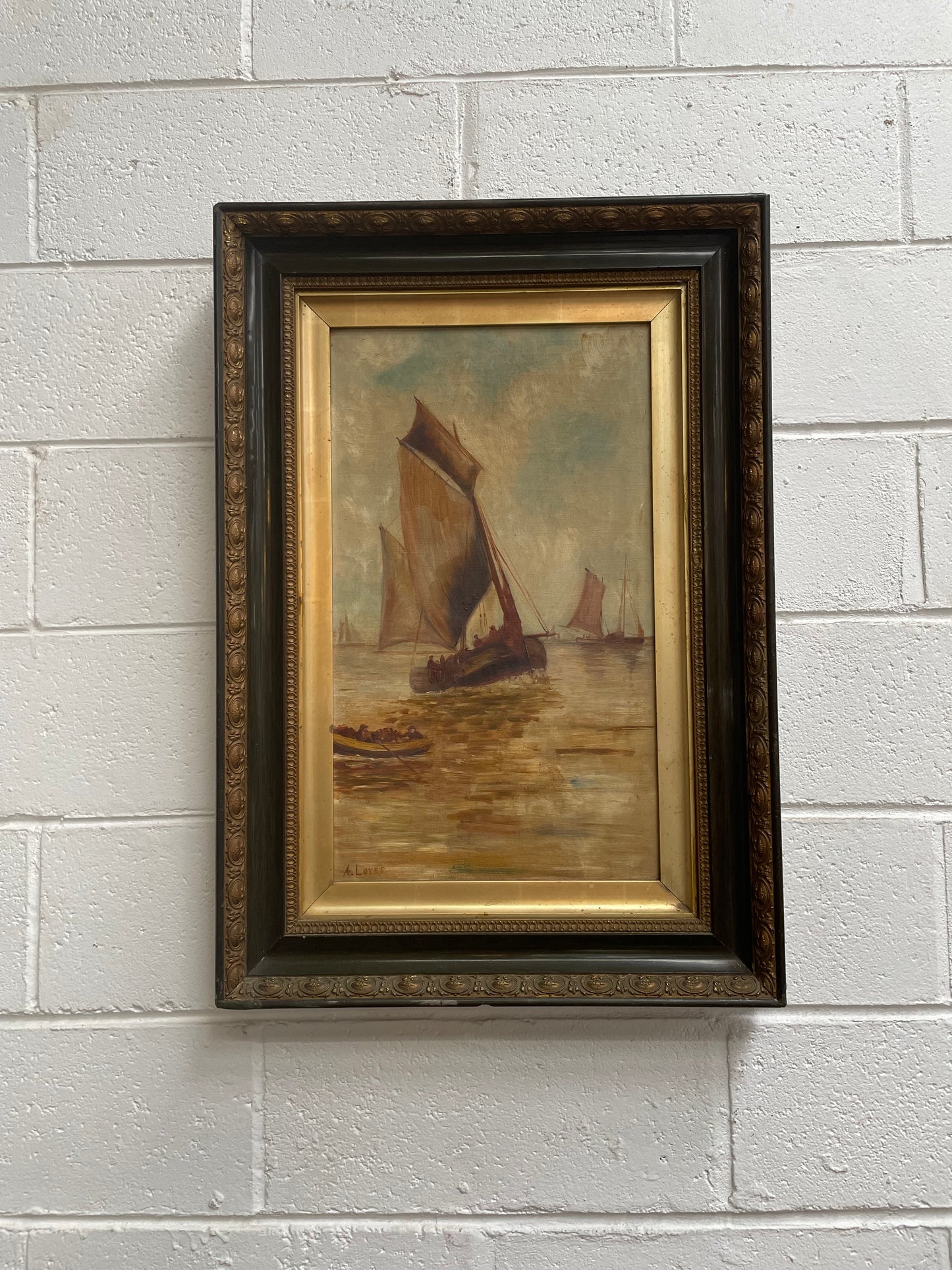 Lovely Antique "Marine Scene" oil on canvas framed in a pretty ornate frame. Please see all photos as they help form part of the description and condition.