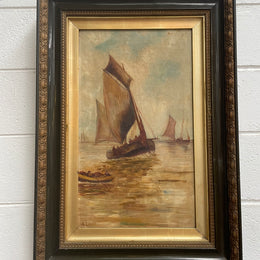 Lovely Antique "Marine Scene" oil on canvas framed in a pretty ornate frame. Please see all photos as they help form part of the description and condition.