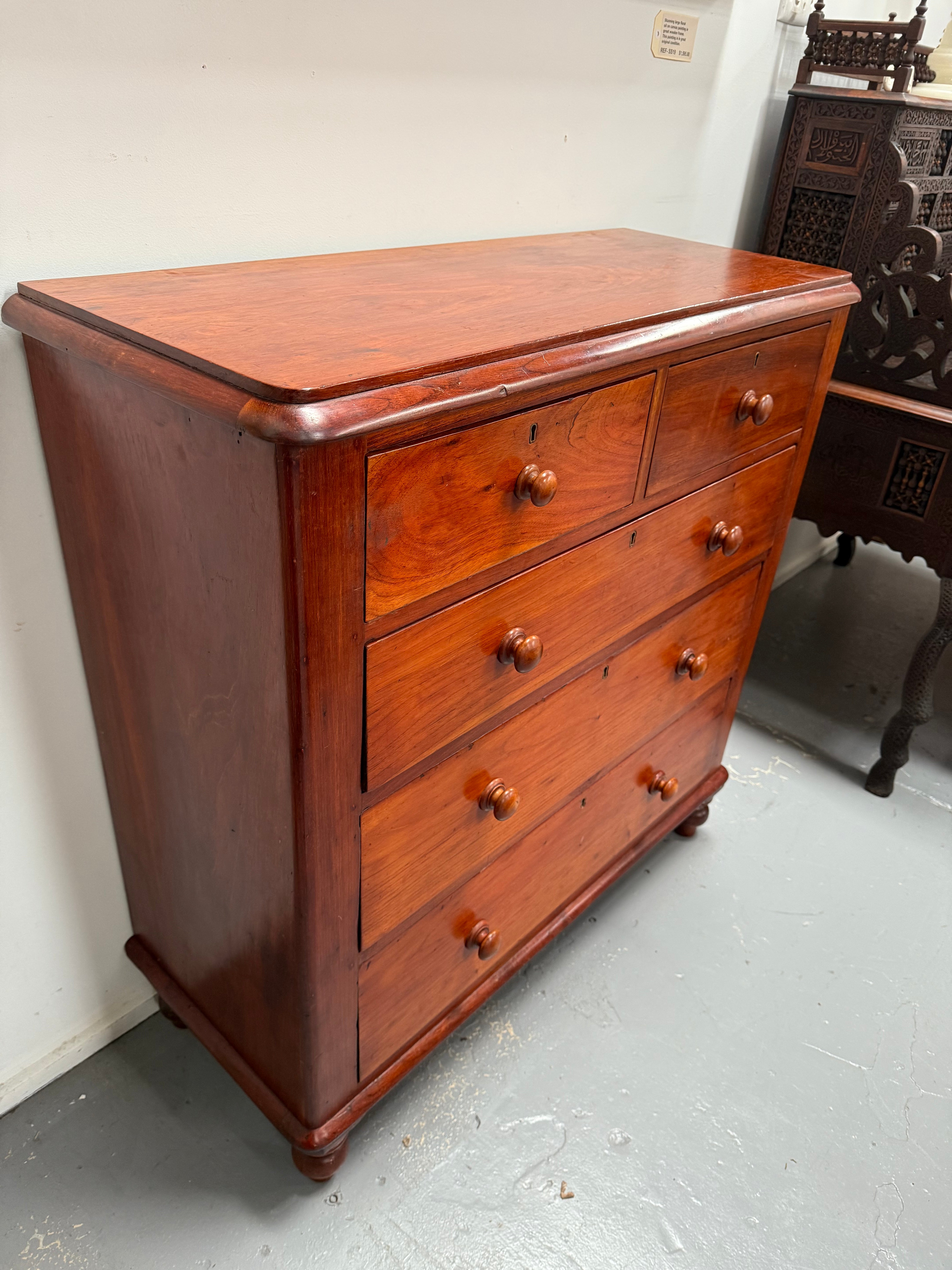 Cedar Five Drawer Chest On Bun Feet | Antique & Vintage | Moonee Ponds Antiques | Australia Wide Delivery