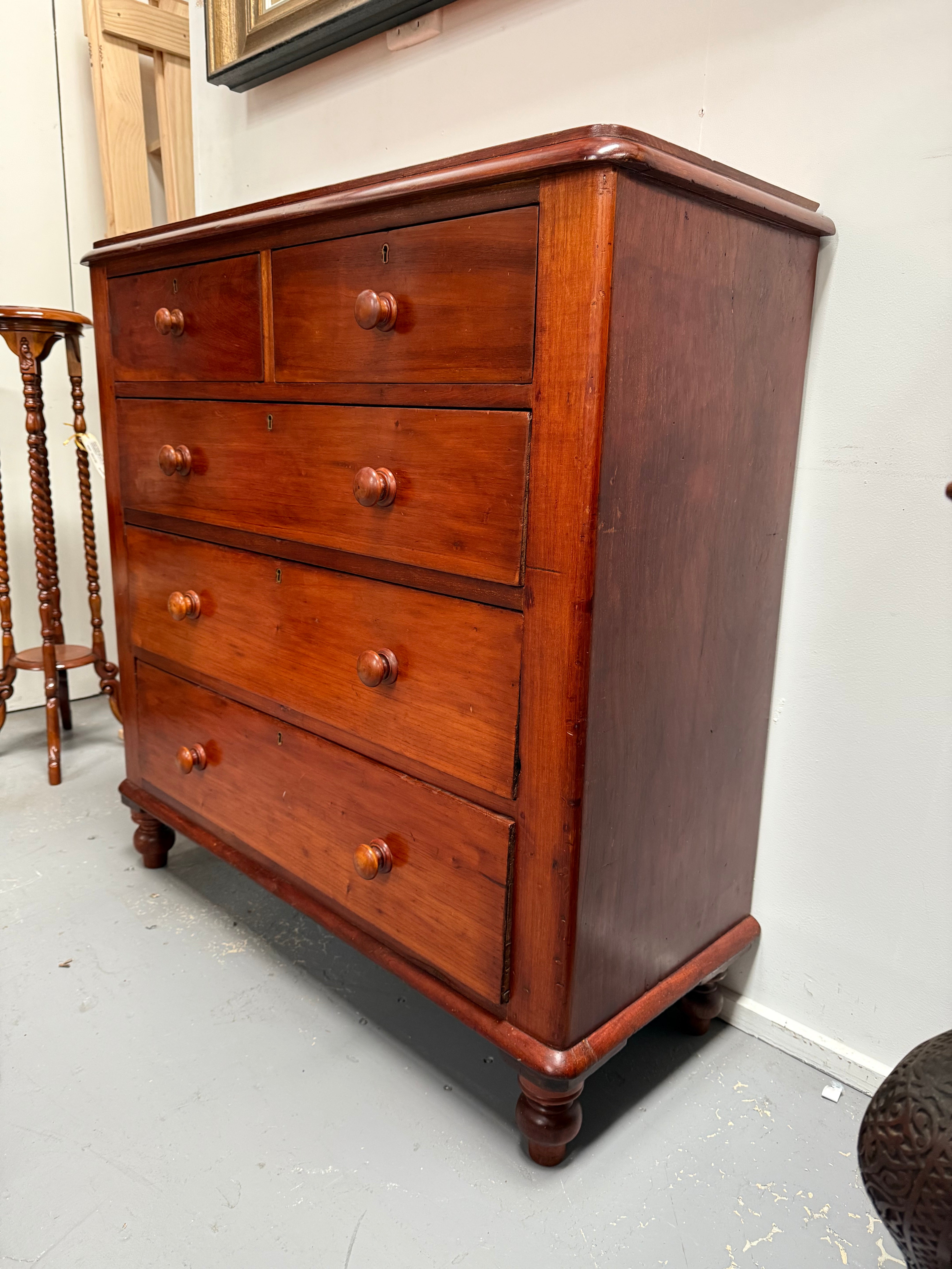 Cedar Five Drawer Chest On Bun Feet | Antique & Vintage | Moonee Ponds Antiques | Australia Wide Delivery