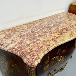 A stunning Antique Louis XV style Chinoiseries marble top two drawer commode with beautiful hand painted decorative details throughout. It has quality decorative ormolu mounts and handles. It is in good original detailed condition. 