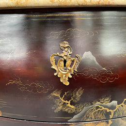 A stunning Antique Louis XV style Chinoiseries marble top two drawer commode with beautiful hand painted decorative details throughout. It has quality decorative ormolu mounts and handles. It is in good original detailed condition. 