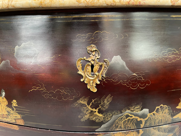 A stunning Antique Louis XV style Chinoiseries marble top two drawer commode with beautiful hand painted decorative details throughout. It has quality decorative ormolu mounts and handles. It is in good original detailed condition. 