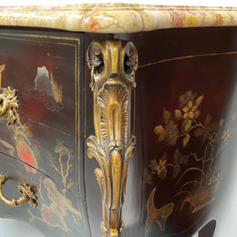 A stunning Antique Louis XV style Chinoiseries marble top two drawer commode with beautiful hand painted decorative details throughout. It has quality decorative ormolu mounts and handles. It is in good original detailed condition. 