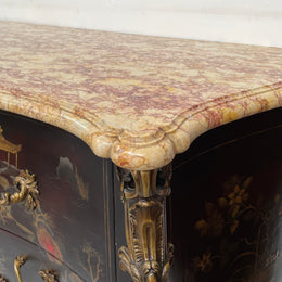 A stunning Antique Louis XV style Chinoiseries marble top two drawer commode with beautiful hand painted decorative details throughout. It has quality decorative ormolu mounts and handles. It is in good original detailed condition. 