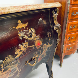 A stunning Antique Louis XV style Chinoiseries marble top two drawer commode with beautiful hand painted decorative details throughout. It has quality decorative ormolu mounts and handles. It is in good original detailed condition. 