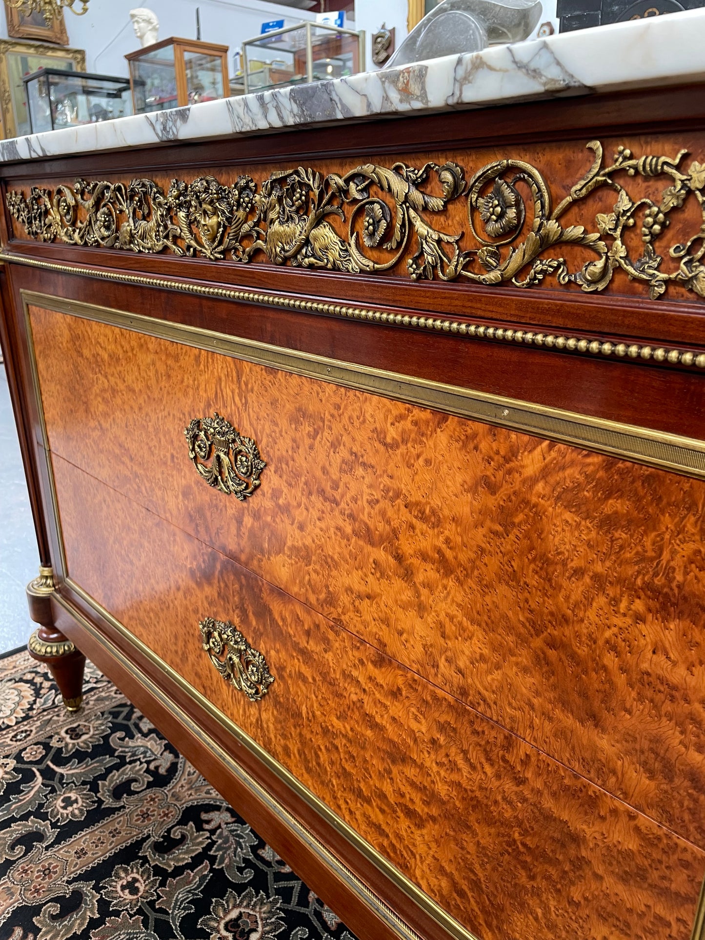 Beautiful French Louis XVI Style Mahogany & Amboyna Commode