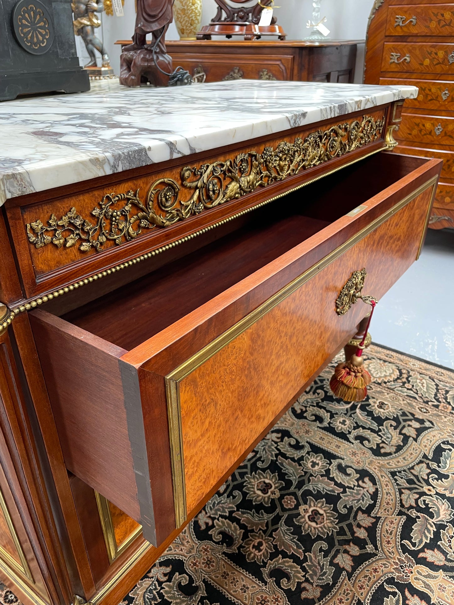 Beautiful French Louis XVI Style Mahogany & Amboyna Commode