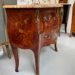 Beautiful French Louis XV style marquetry inlaid two drawer commode. It is of pleasing small proportions and a lovely coloured marble top. It is in good original detailed condition. Please see all photos as they form part of the description and condition.