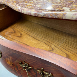 Beautiful French Louis XV style marquetry inlaid two drawer commode. It is of pleasing small proportions and a lovely coloured marble top. It is in good original detailed condition. Please see all photos as they form part of the description and condition.