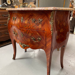 Beautiful French Louis XV style marquetry inlaid two drawer commode. It is of pleasing small proportions and a lovely coloured marble top. It is in good original detailed condition. Please see all photos as they form part of the description and condition.