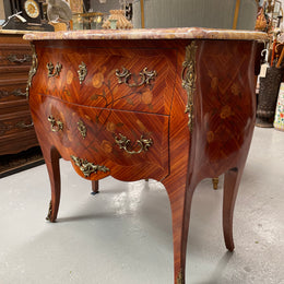 Beautiful French Louis XV style marquetry inlaid two drawer commode. It is of pleasing small proportions and a lovely coloured marble top. It is in good original detailed condition. Please see all photos as they form part of the description and condition.