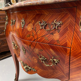 Beautiful French Louis XV style marquetry inlaid two drawer commode. It is of pleasing small proportions and a lovely coloured marble top. It is in good original detailed condition. Please see all photos as they form part of the description and condition.