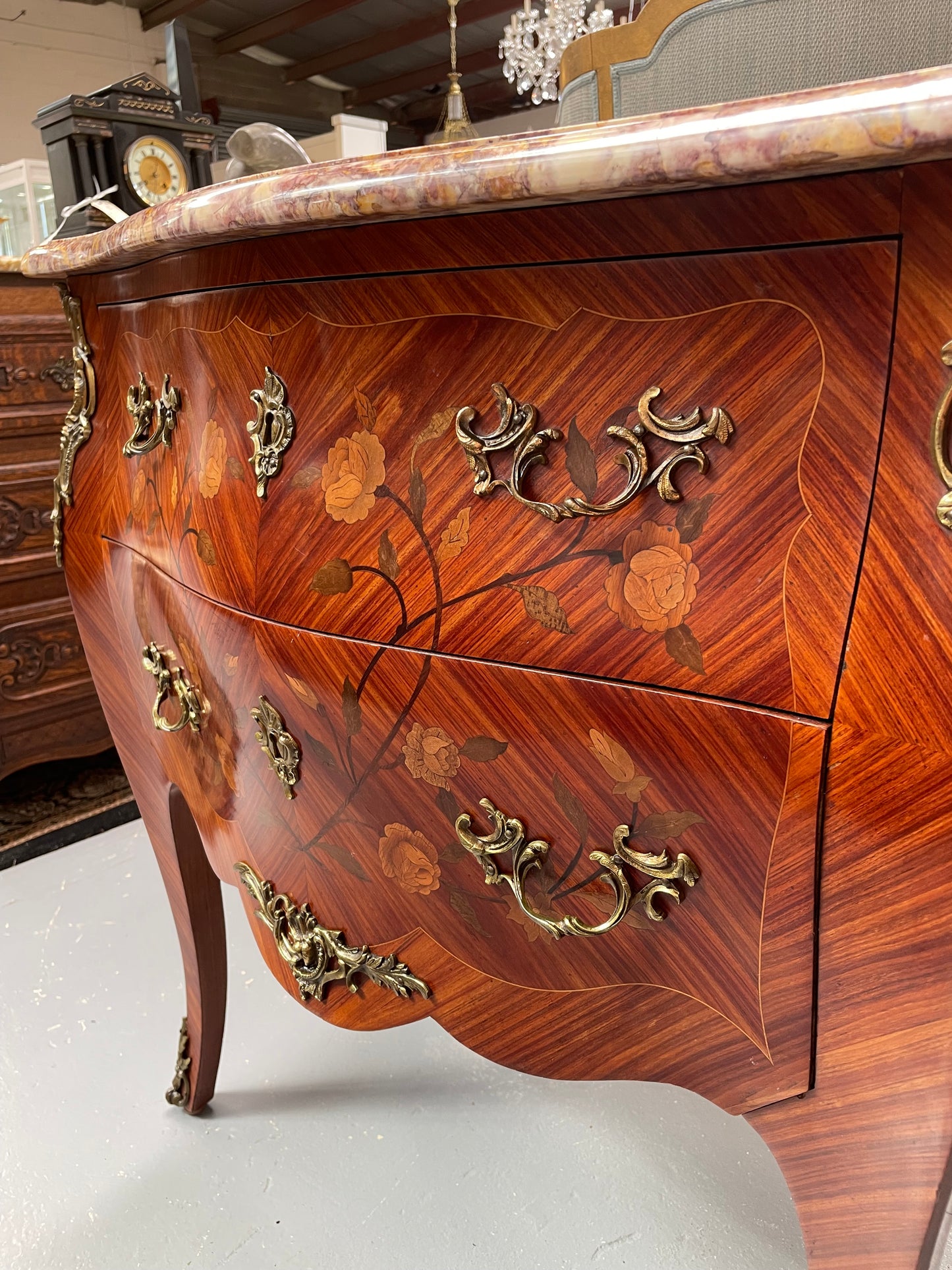 Beautiful French Louis XV style marquetry inlaid two drawer commode. It is of pleasing small proportions and a lovely coloured marble top. It is in good original detailed condition. Please see all photos as they form part of the description and condition.