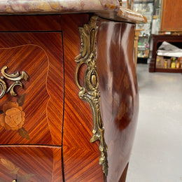 Beautiful French Louis XV style marquetry inlaid two drawer commode. It is of pleasing small proportions and a lovely coloured marble top. It is in good original detailed condition. Please see all photos as they form part of the description and condition.