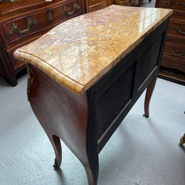 Beautiful French Louis XV style marquetry inlaid two drawer commode. It is of pleasing small proportions and a lovely coloured marble top. It is in good original detailed condition. Please see all photos as they form part of the description and condition.