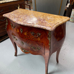 Beautiful French Louis XV style marquetry inlaid two drawer commode. It is of pleasing small proportions and a lovely coloured marble top. It is in good original detailed condition. Please see all photos as they form part of the description and condition.