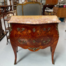 Beautiful French Louis XV style marquetry inlaid two drawer commode. It is of pleasing small proportions and a lovely coloured marble top. It is in good original detailed condition. Please see all photos as they form part of the description and condition.